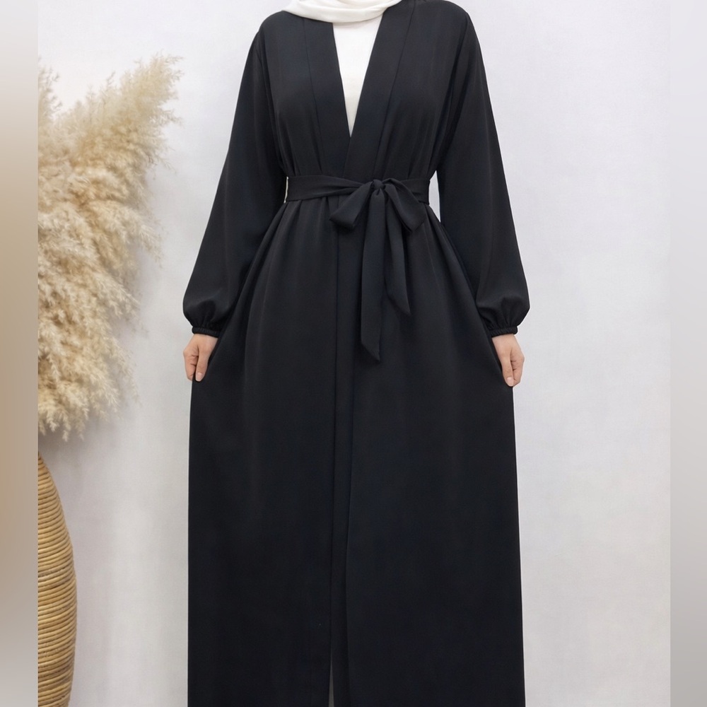 Black abaya Islamic dress Open front abaya with pockets and belt